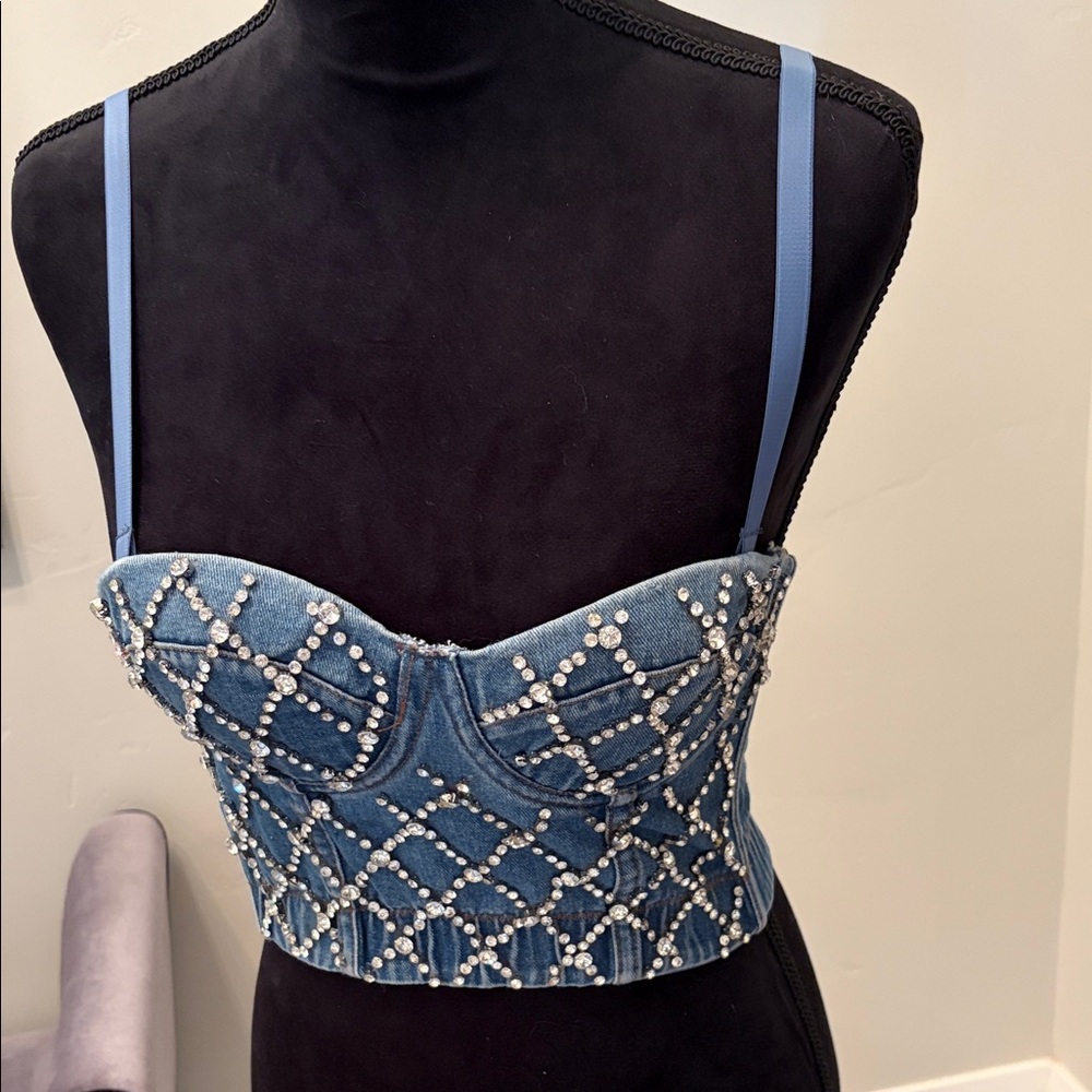 Denim Embellished Diamonds Bandeau with Straps
